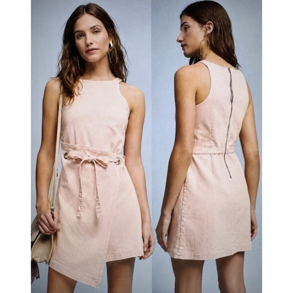 Anthropologie Holding Horses Regatta Denim Dress Blush Pink Tie Waist, Size 10